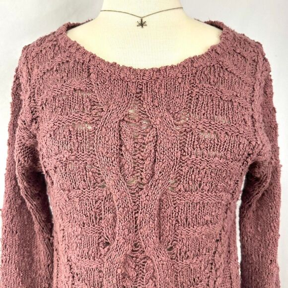 MOTH ANTHROPOLOGIE Pink Chunky Cable Knit Long Sleeve Sweater Womens S Fisherman - Picture 2 of 6
